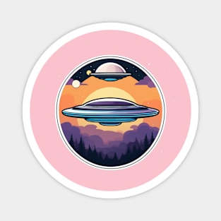 Two UFO flying saucer over trees Magnet